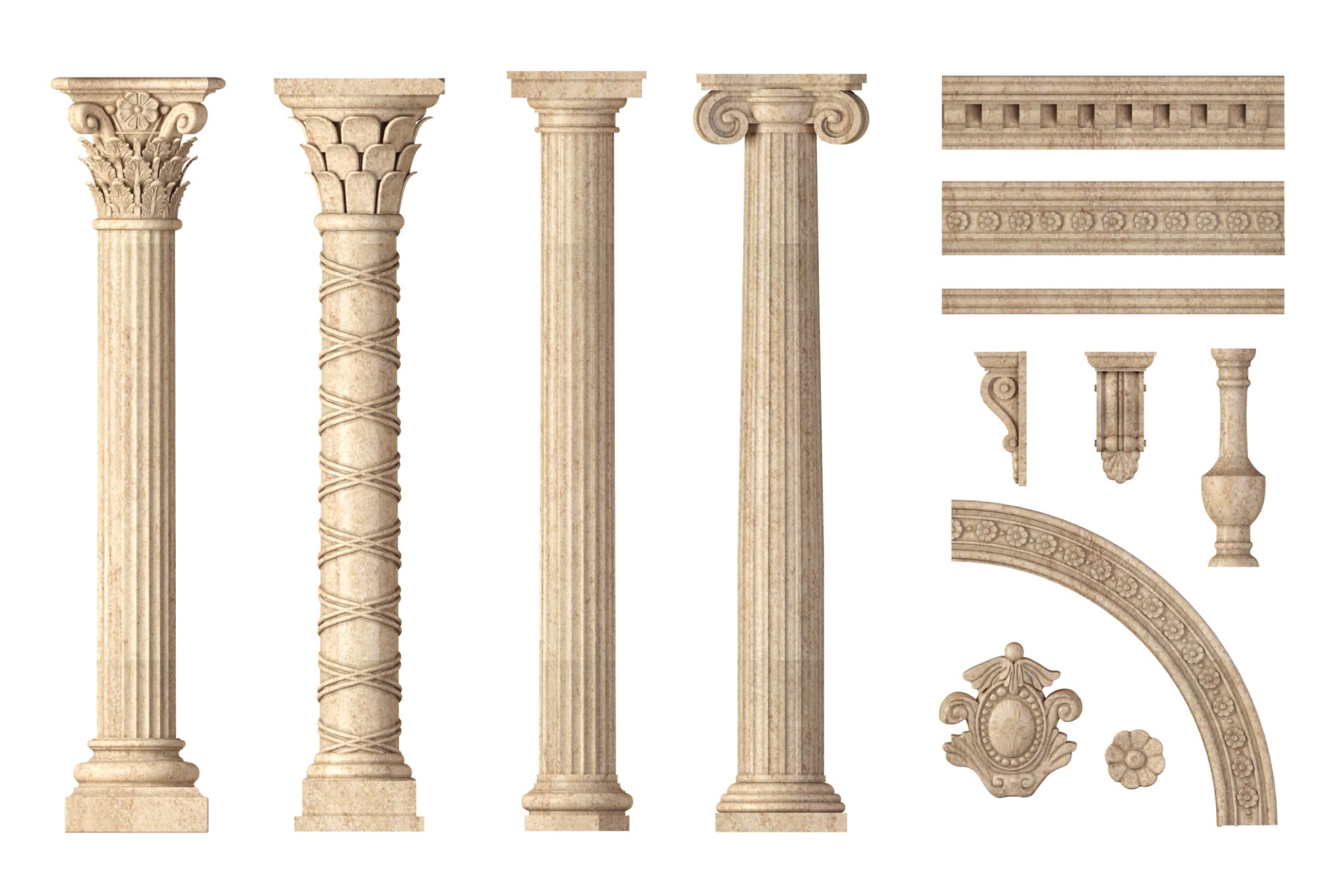 3d illustration. Classic antique marble columns set in in different styles
